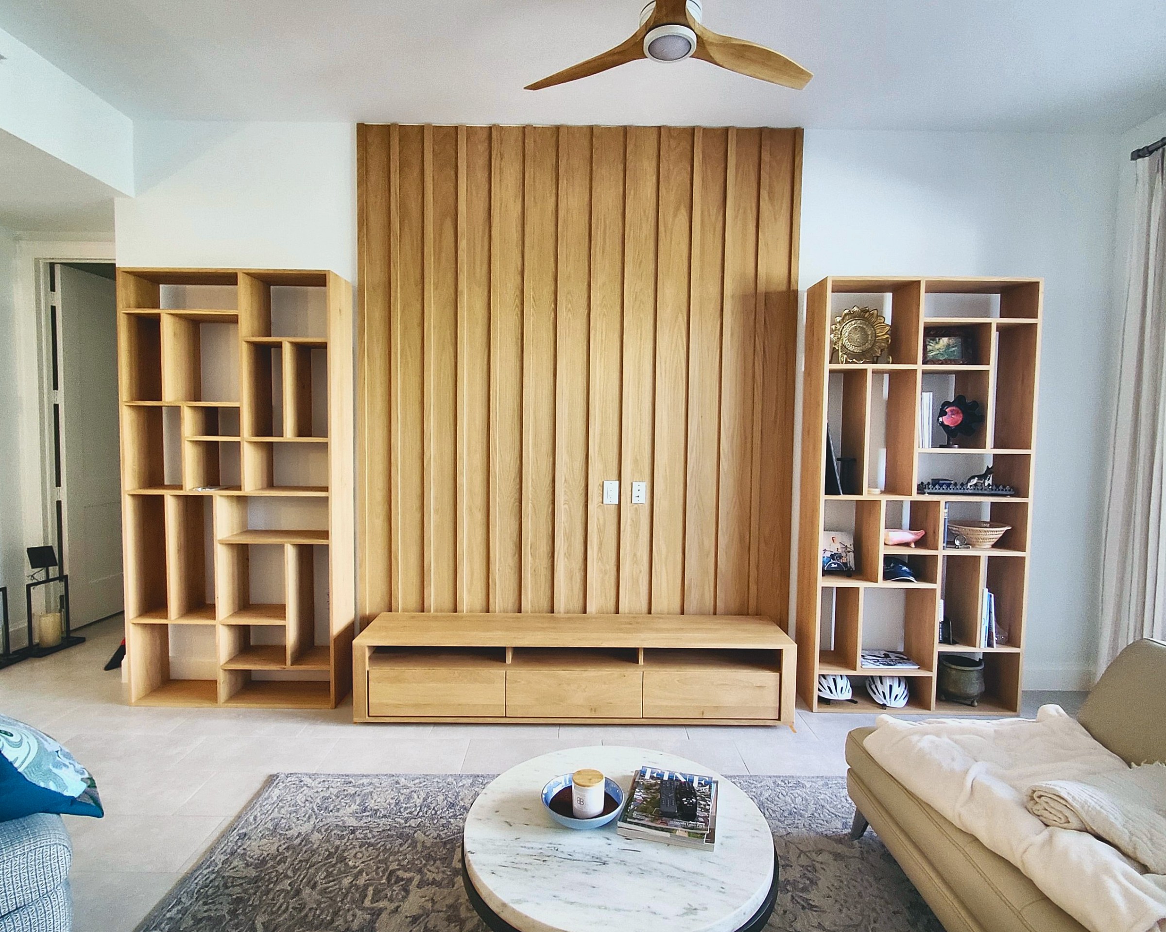 White oak slat wall with open shelving